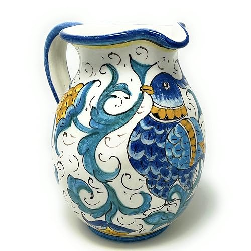 CERAMICHE D'ARTE PARRINI - Italian Ceramic Pottery Art Pottery gal 0,264 Pitcher Vino Vine - water 0.2 Gal Hand Painted Pattern Birds Made in ITALY
