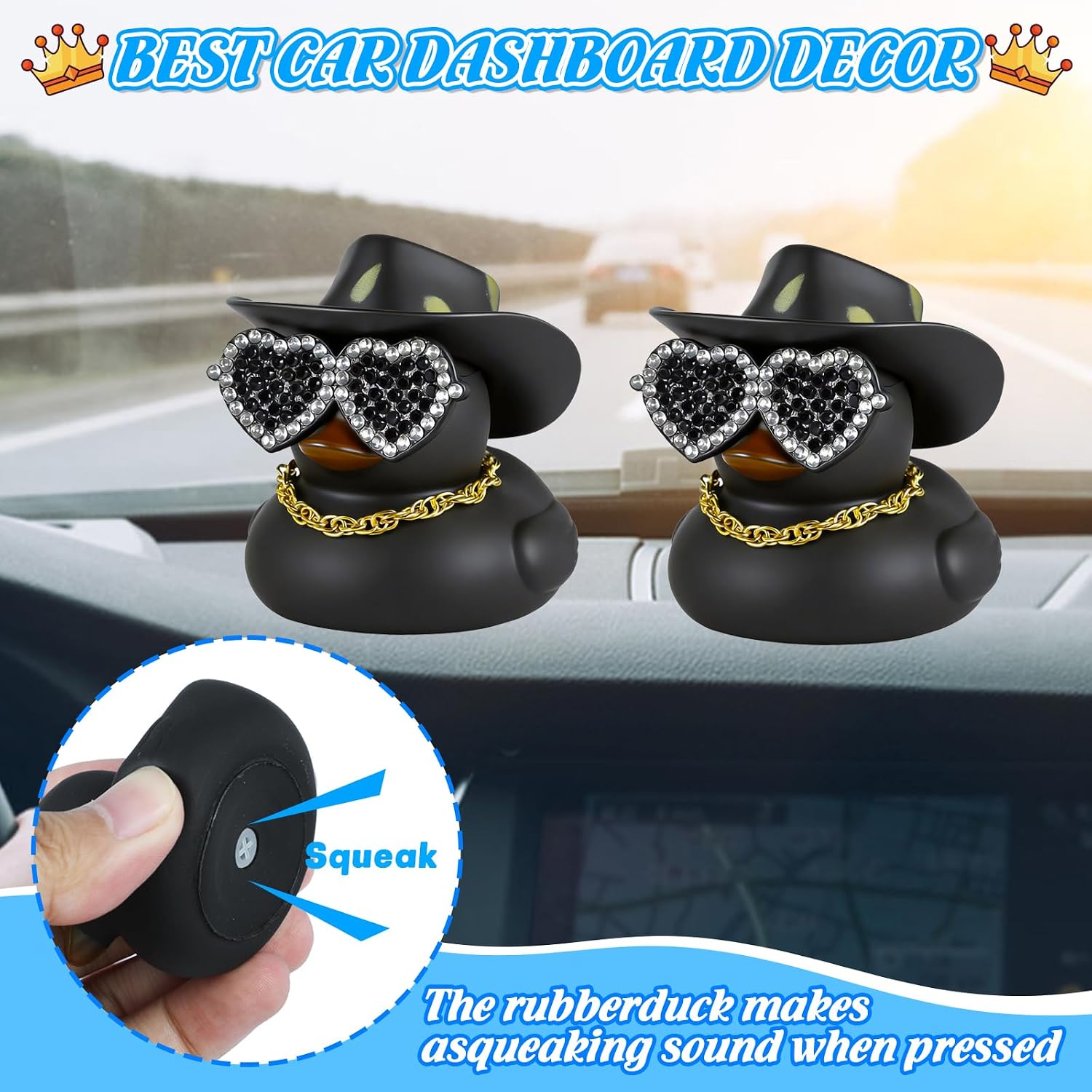 12pcs Black Small Rubber Ducks in Bulk, Funny Rubber Ducks Car Decorations with Hats Sunglasses Necklace Adhesive Dots for Office Home Accessories