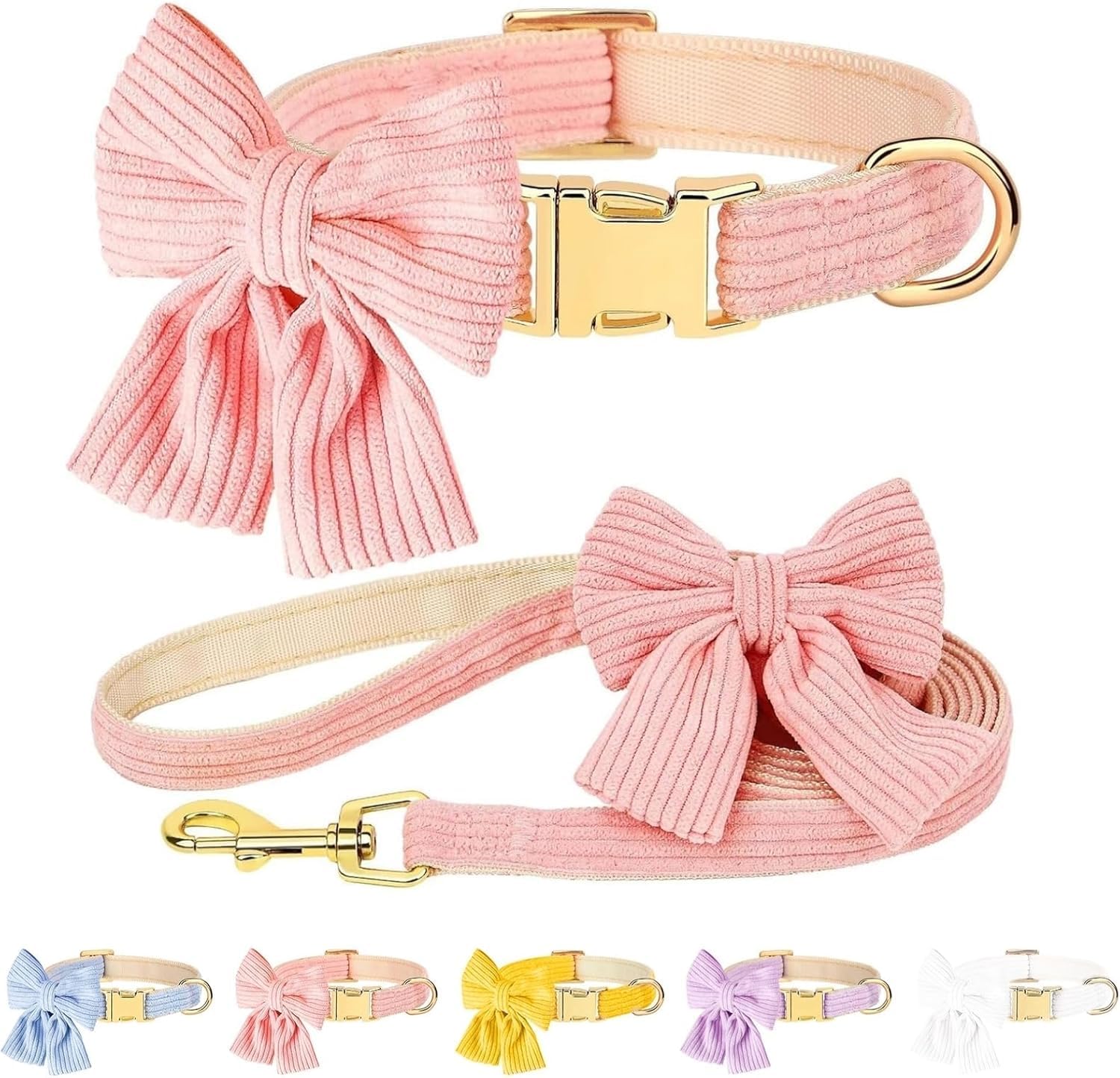 Dog Collar and Leash Set with Bowtie, Soft & Cute Puppy Collar, Cotton Puppy Collar with Adjustable Metal Buckle for Small, Medium Dog (Pink, Size S: Neck 10"-16")
