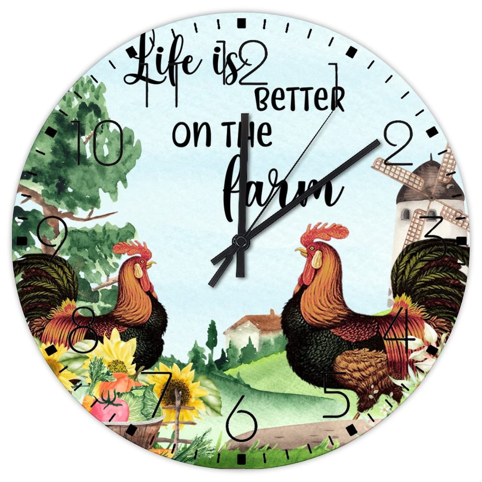Horloge murale silencieuse style ferme avec coq et tournesol