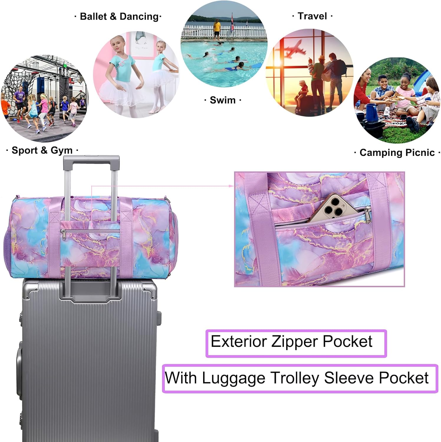 Gym Sports Duffle Bag Dance Ballet Bags with Separate Dry Wet Pocket and Shoes Compartment Weekender Overnight Travel Foldable Bag for Girls Teen Women(Purple) - Image 6