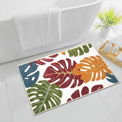 Miniatura 5 de Lukinbox Alfombras de baño antideslizantes con hojas, lindas y pequeñas, lavables, Monstera para baño, tapete de baño de microfibra suave rojo y