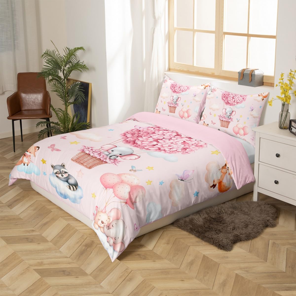 Homewish Urocze zwierzęta poszewka na kołdrę super królewska, różowy balon na gorące powietrze zestaw pościeli dla dzieci dziewcząt, kreskówka słoń lis niedźwiedź zestaw poszewek na kołdrę, urocze