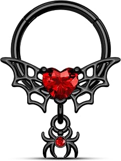 Gothic Black Septum Ring 16G Spider Dangle With Red Heart Daith Piercing Jewelry - Stainless Steel