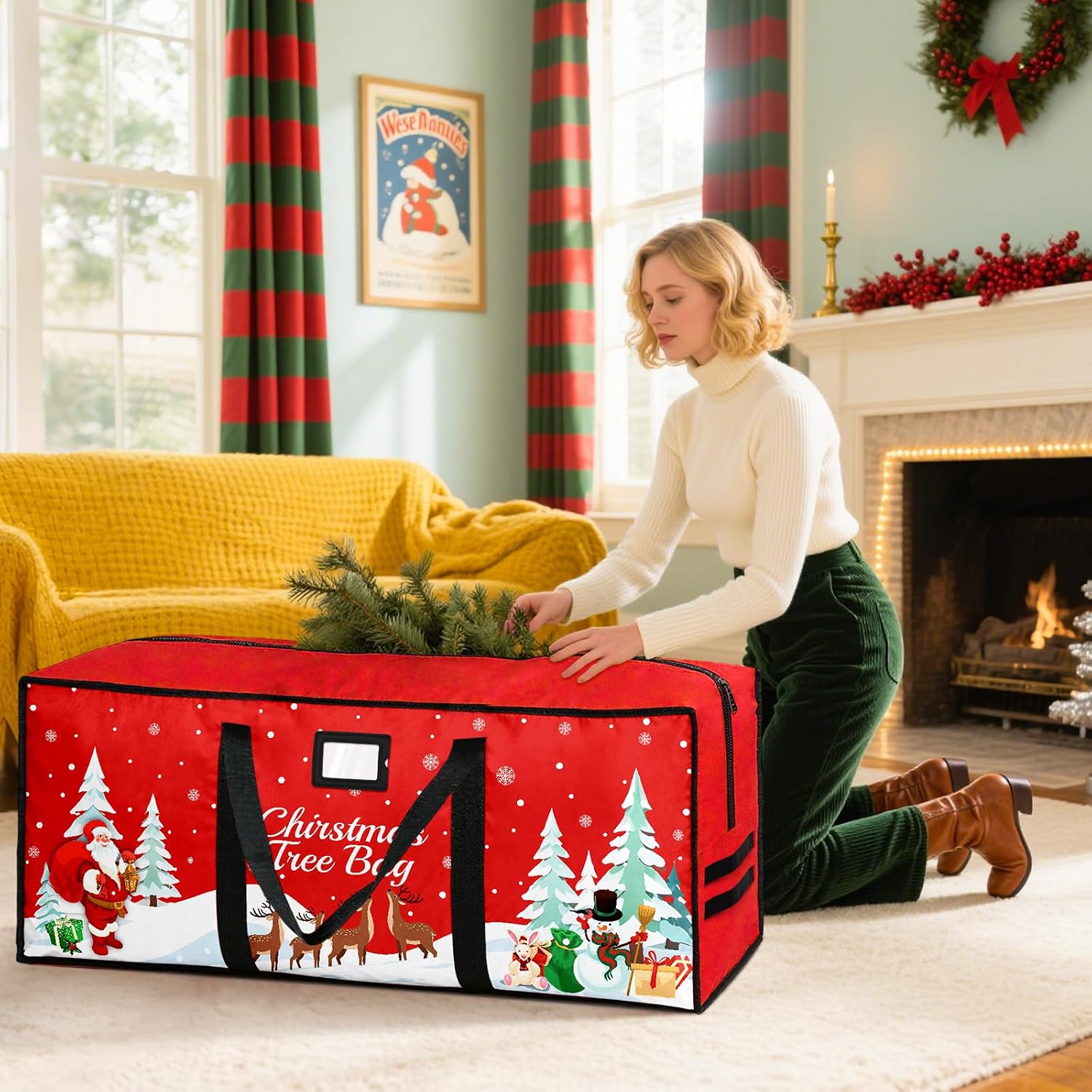 Christmas Tree Storage Bag, Fits Up 7.5 Ft Christmas Tree Durable 600D Oxford Holiday Storage Container with Wide Opening Dual Zippers (Reindeer)
