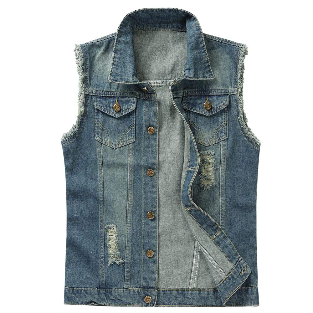 YOUTHUP Weste Herren Denim Casual Zerrissen Jeansweste Outdoor Vintage | Freizeitweste, Ärmellose, Ausgefranste, Knopfleiste, Umlegekragen, Blau