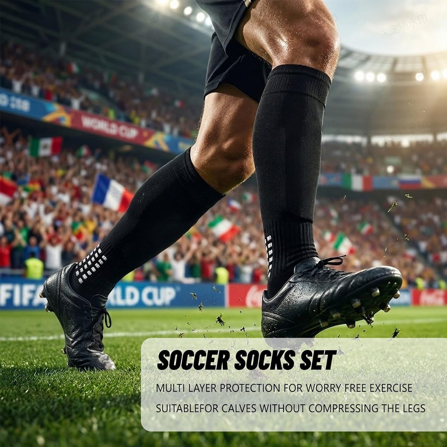 World Cup Themed Anti-Slip Football Socks & Knee Guards Set, 2 Pairs Unisex Sports Protective Socks Kit