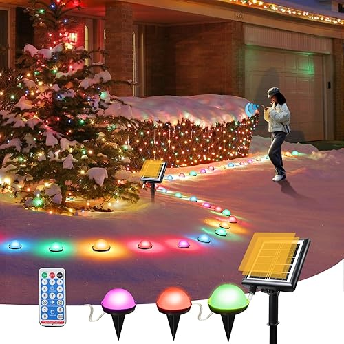 Nurluce Juego de 2 luces solares para el suelo, 16 colores cambiantes, 35 LED, control remoto, 22.8 pies, 8 modos de iluminación, 2400 mAh, luces