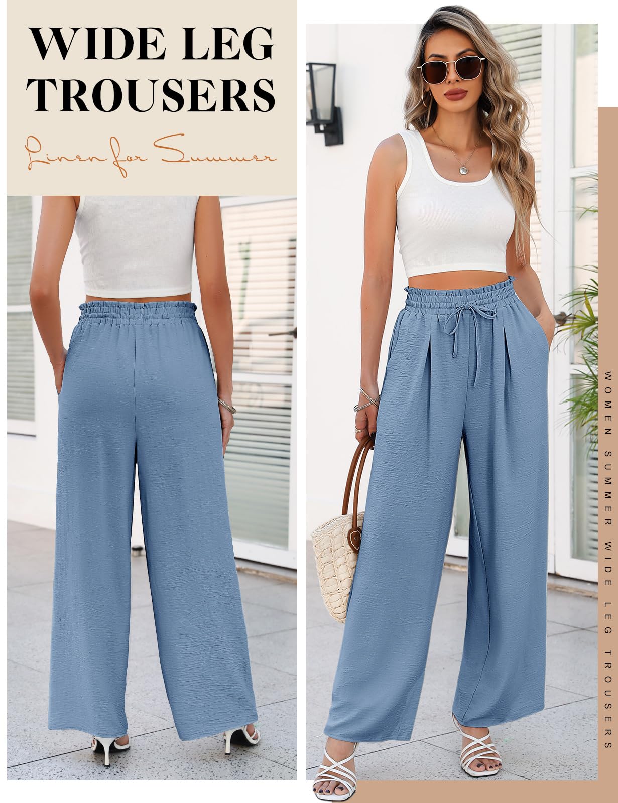 CMTOP Pantalon Femme Été Fluide à Jambes Larges Taille Haute Elastique avec Cordon de Serrage, Léger et Elegant de Plage Décontracté avec Poches