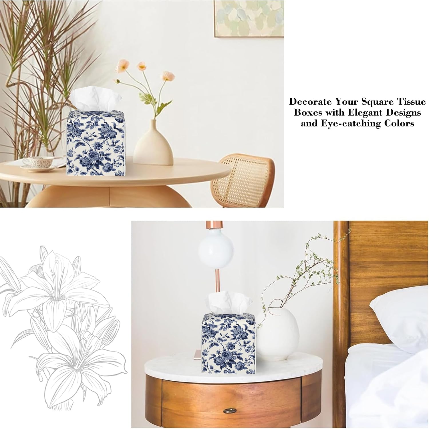 Watercolor Blue Flowers Tissue Box Cover,Vintage Elegant Floral Waterproof Leather Square Tissue Box Cover Case Facial Paper Organizer Dispenser Box Holder for Home Office Bathroom Vanity Countertop image 5