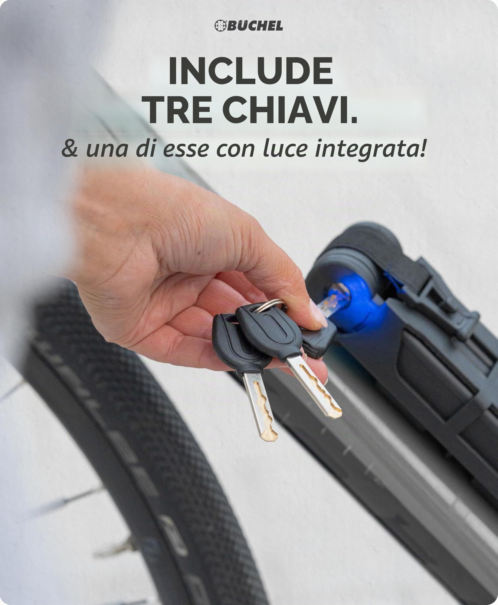 BÜCHEL Sekura Lucchetto Bici 85 cm – Catena Antifurto in Acciaio Temperato per E-Bike, Moto, Bicicletta con Supporto e 3 Chiavi