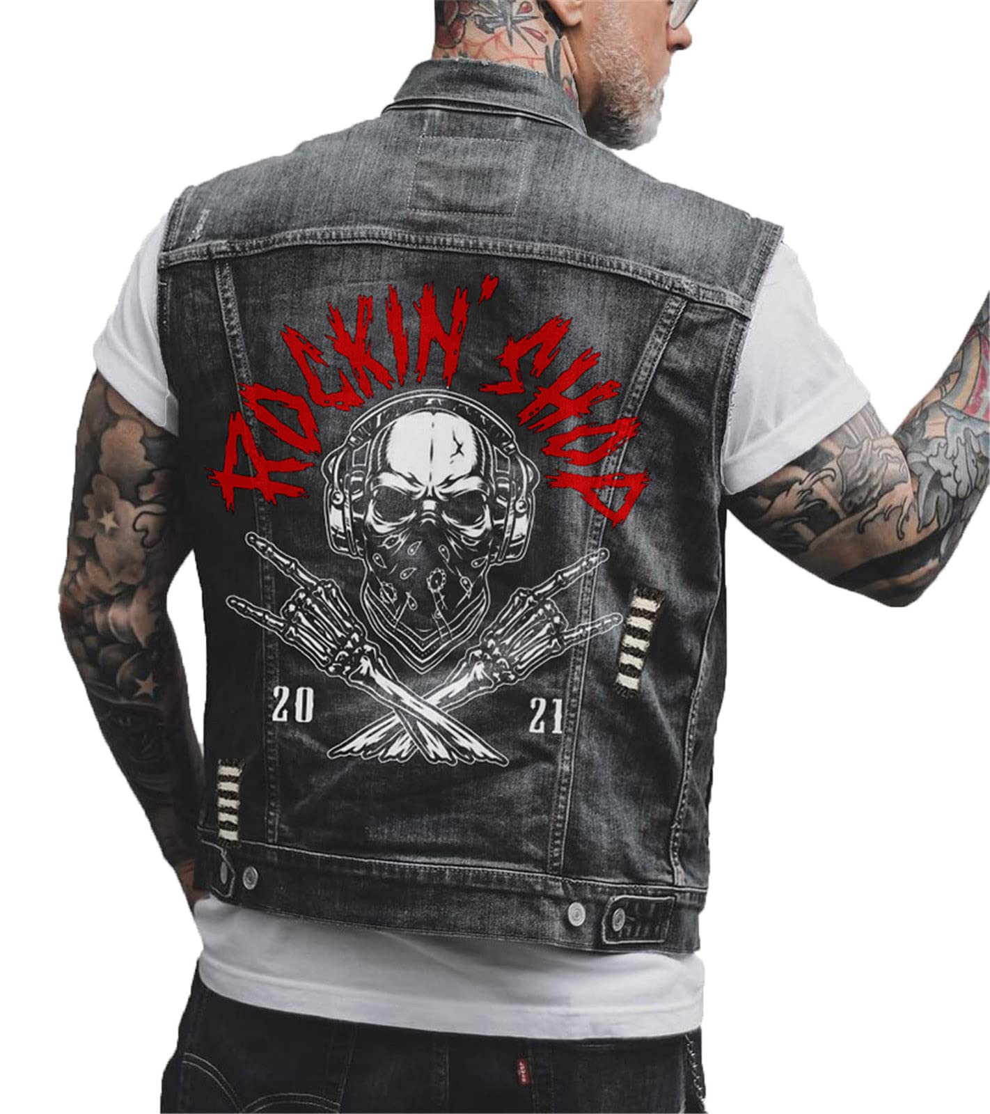 Men's Skull Punk Denim Vest Motorcycle Racing Vest Fashion Letter Printed Lapel Sleeveless Denim Jacket