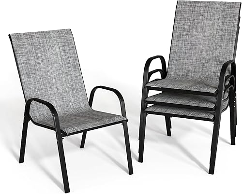 Juego de 4 sillas de patio, sillas de comedor apilables para exteriores con respaldo alto para todo tipo de clima, muebles de exterior con tela