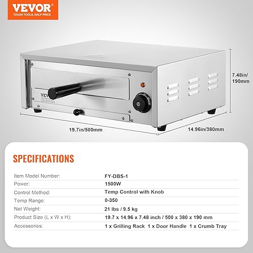 Miniatura 7 de VEVOR Horno eléctrico de pizza para encimera, 12 pulgadas, 1500 W, rango de temperatura de 122-662 , construcción de acero inoxidable y bandeja de