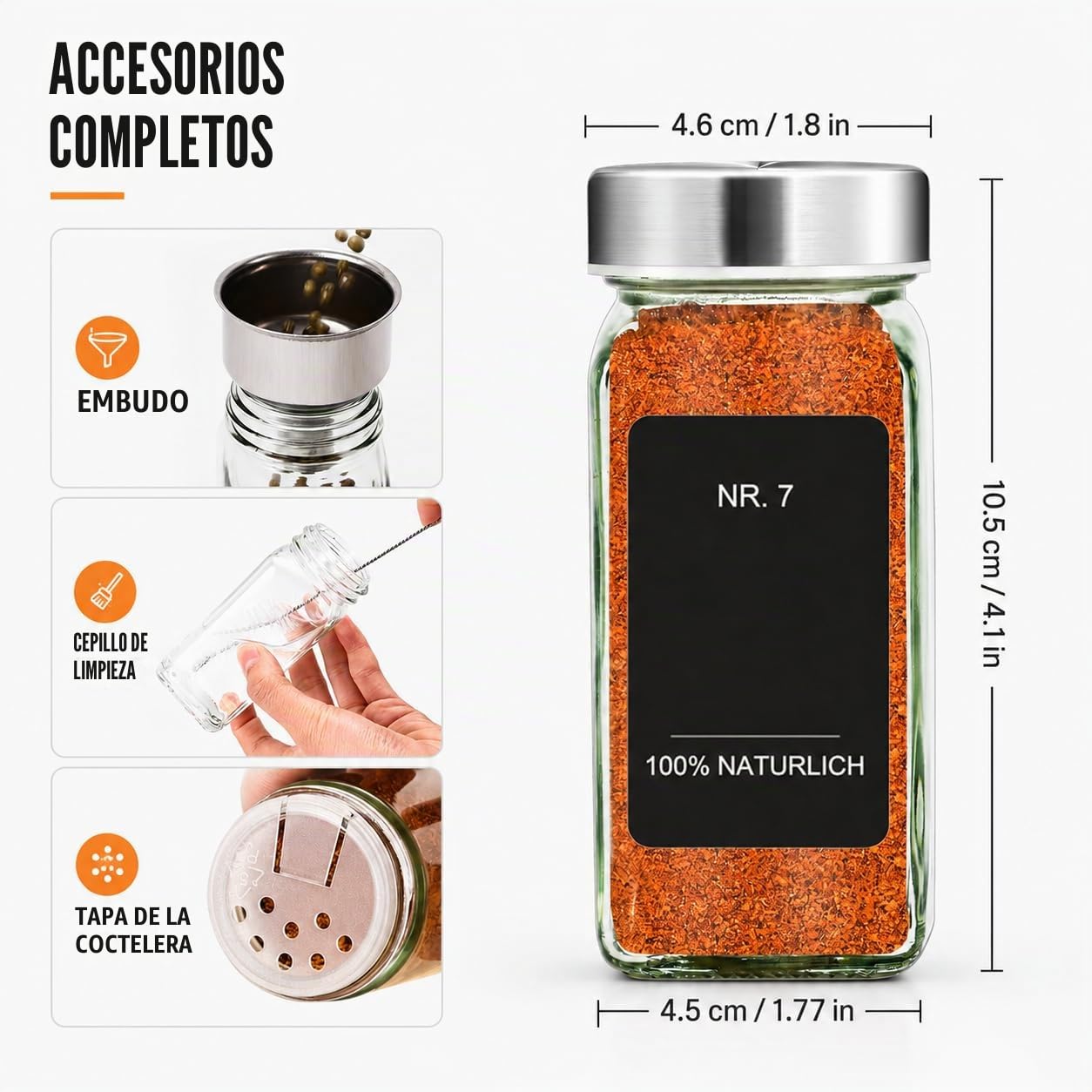 35 tarros de especias cuadrados, 120 ml botes especias cristal, con 120 etiquetas negras bellamente impresas, botes transparentes para especias cocina con tapa de acero inoxidable.