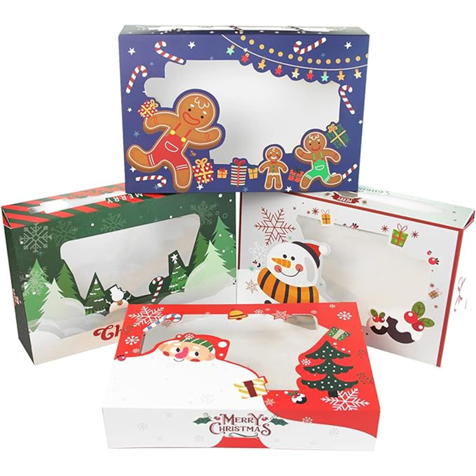 qiqee Christmas Cookie Box with Window 12x8x2.5 inch 24 Packs Auto-pop up Two Uses One Second Folding Pastry Biscuit Bakery Box For Packaging