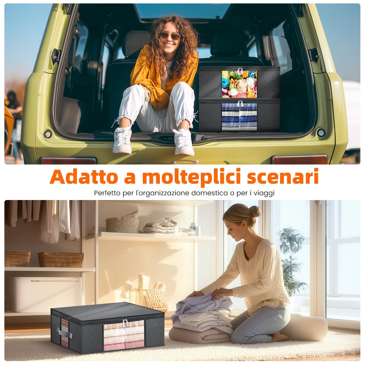 3 Pezzi Contenitori Sottoletto 40L per Vestiti, Borse Salvaspazio Pieghevoli in Tessuto non Tessuto 120g con Doppia Finestra Trasparente Frontale e Laterale, Maniglie Rinforzate, Grigio