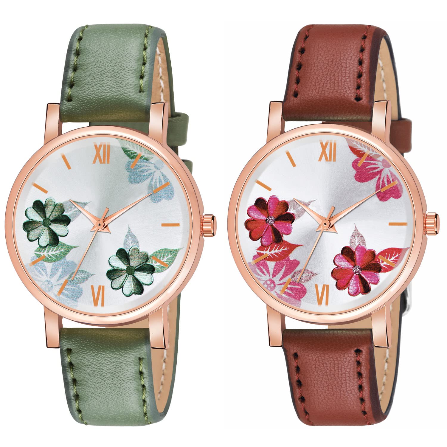 Shocknshop Analog Multi colored Flower Design Dial Combo Wrist Leather Band Watch for Women Girls - (Green & Brown Colored Strap) (B0BD8JQMSW) Amazon Price History, Amazon Price Tracker
