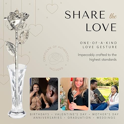 Miniatura 7 de Forever Rose Rosa real bañada en plata Eterna mano sumergida a láser personalizada hermosa flor para siempre de 11 a 12 pulgadas + elegante jarrón