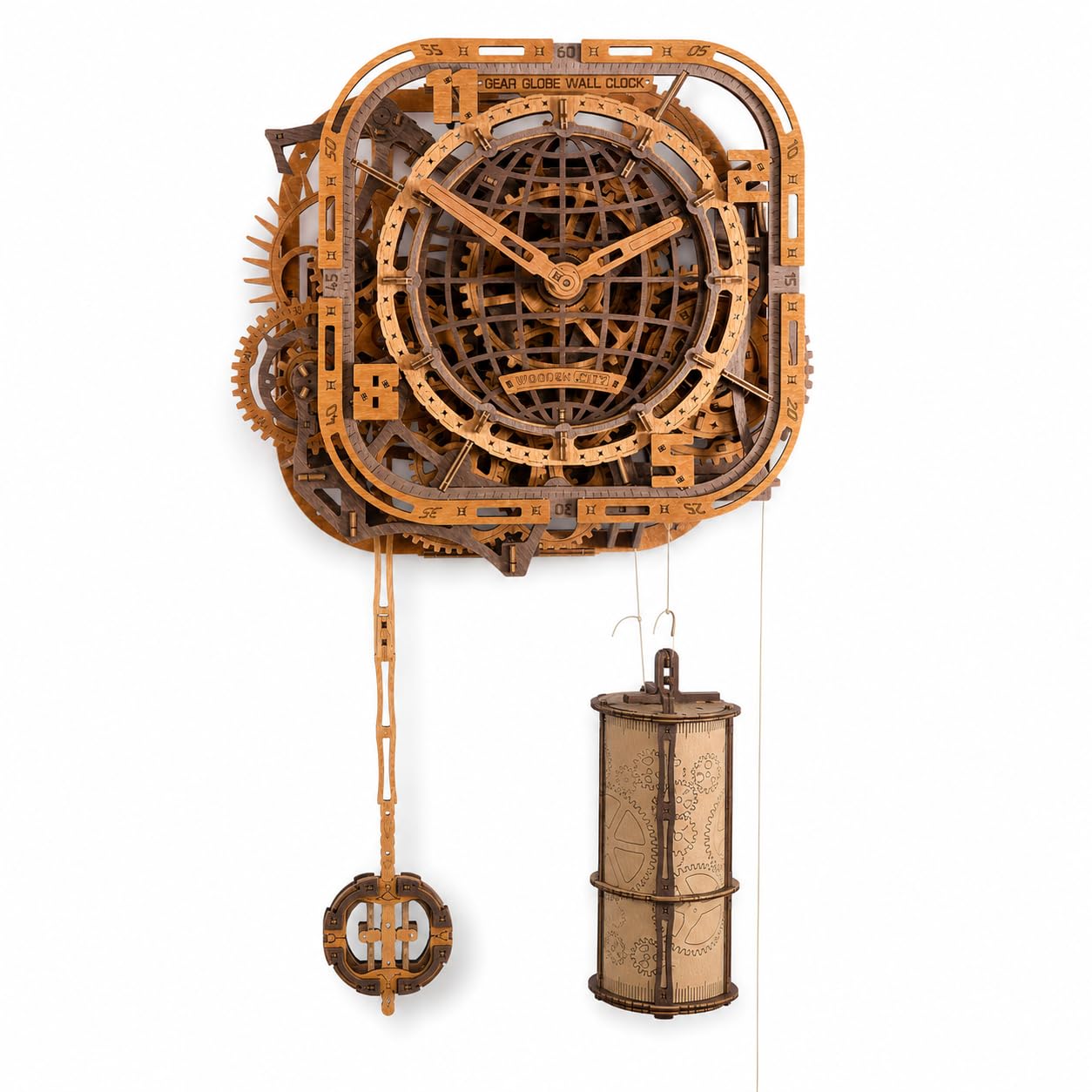 WOODEN.CITY Puzzle 3D in legno – Orologio da parete a forma di mappamondo | Orologio in legno puzzle per adulti | 369 pezzi | Orologio meccanico puzzle 3D | Non richiede colla | Prodotto in UE