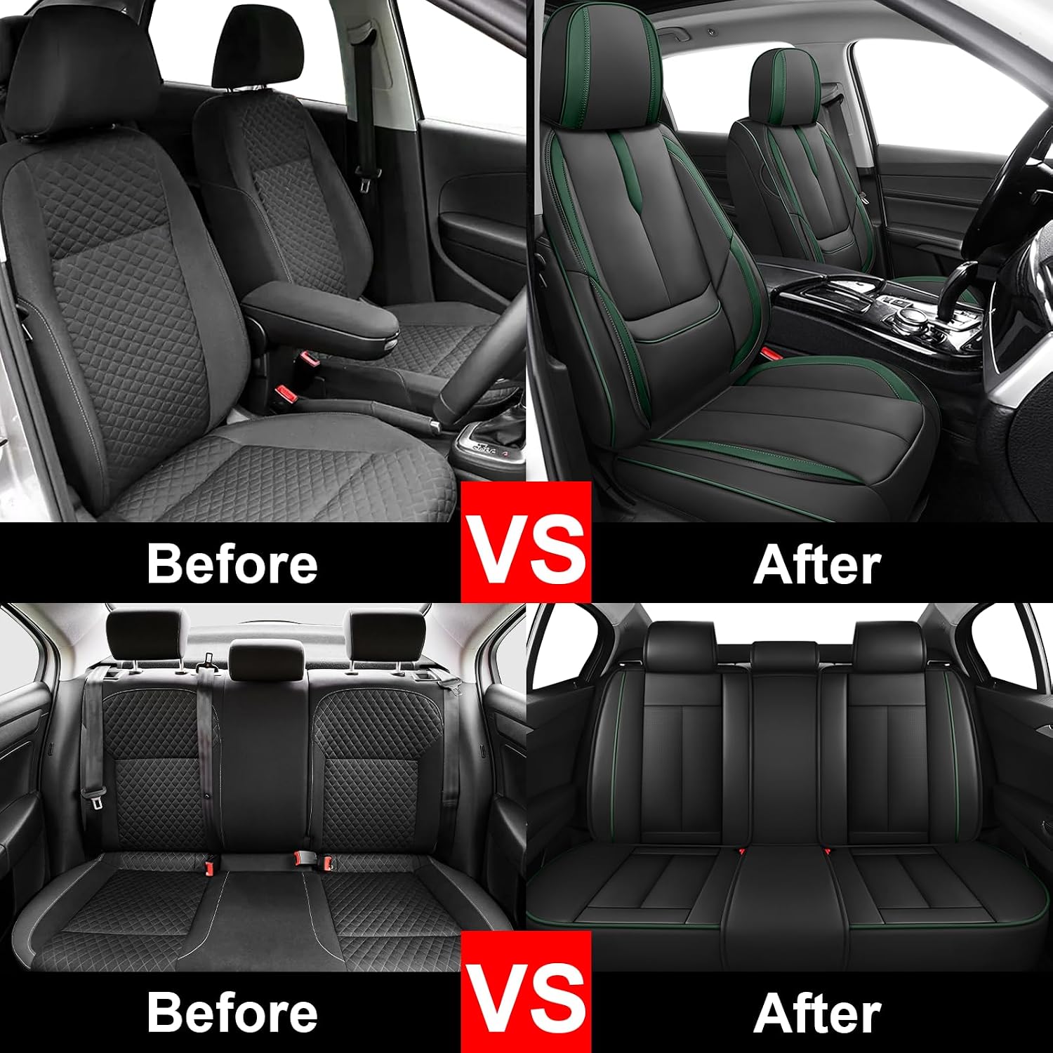 5 Full Seat Covers for Nissan Rogue 2008-2025, Premium Nappa Leather Seat Cover, Fully Wrapped Protect Modern Style Seat Cover (5-Seat Standard, Black & Green)
