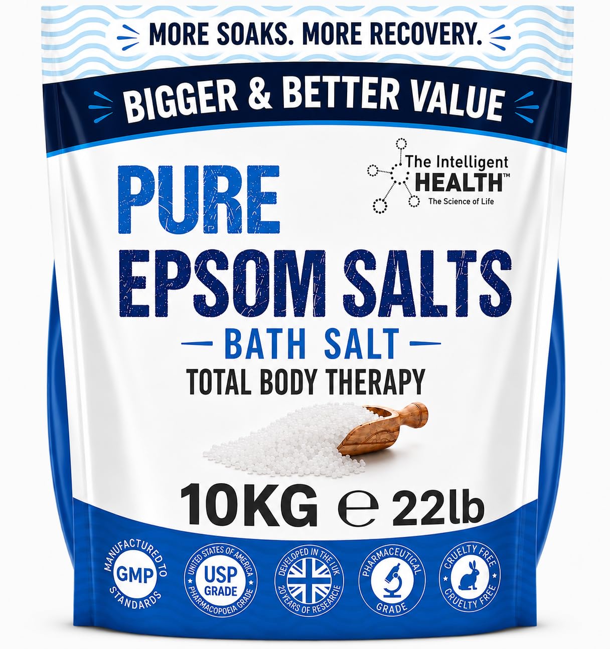 Pure Epsom Salts 10kg, Total Body Therapy, 100% Pure Premium Quality Magnesium Sulphate Traditional Bath Soak, Fine 1.4mm Easily Dissolvable Grain Size, Vegan Friendly by The Intelligent Health