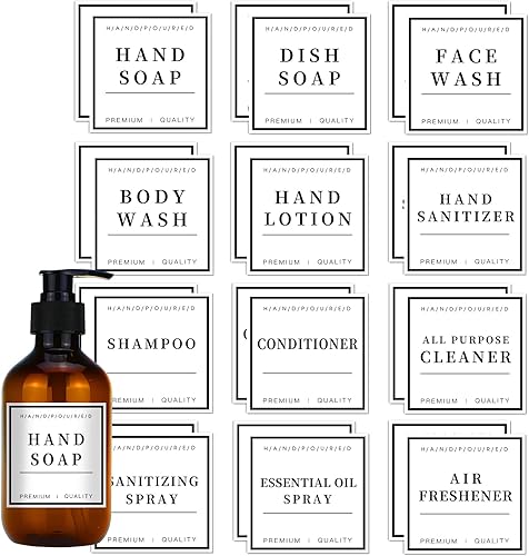 24 etiquetas adhesivas impermeables para jabón, para baño o cocina, dispensador de jabón de manos para botellas de vidrioplástico, etiquetas de