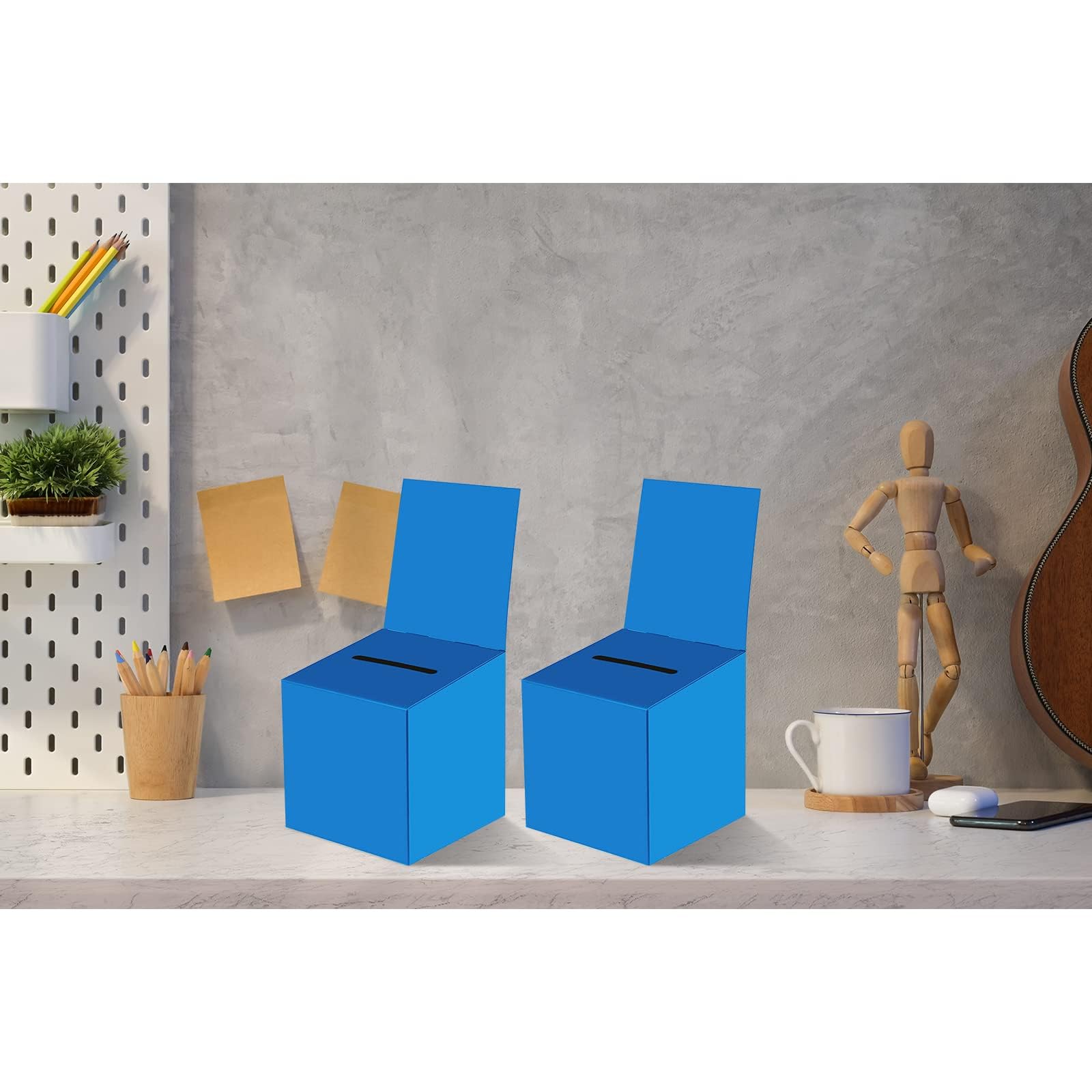 Paquete de 24 cajas de rifa, urnas con ranura, cajas de cartón de 6 x 6 x 6 pulgadas con ranura para boletos y cabecera extraíble para coleccionar tarjetas de visita y concurso de votación (24, azul)