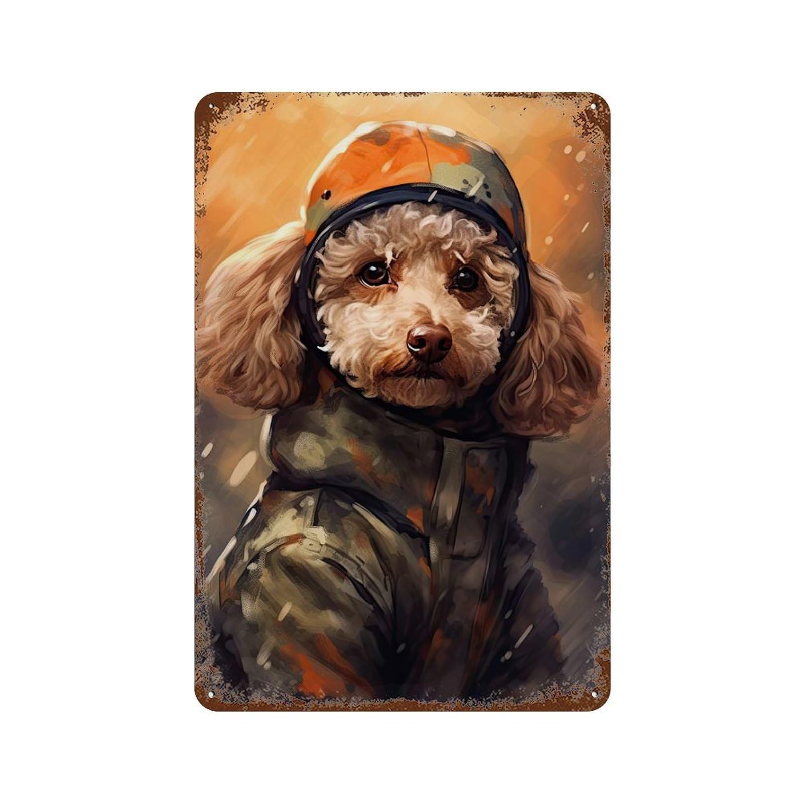 Toy Poodle Camo Jacket 11.8"x7.9" Rusty Metal Tin Sign, Shabby Chic Decor for Bistro, Counter And Cafe Decor