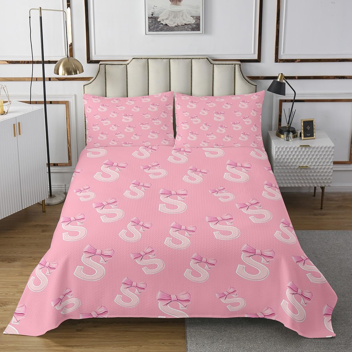 jejeloiu Pink Bow Bedspread,Twin Size,Personalized Letter S Coverlet Set for Kids Boys Girls,Cute Coquette Bow Knot Quilted Coverlet,Initial S Bedspread Cover Bedroom Decor,Monogrammed