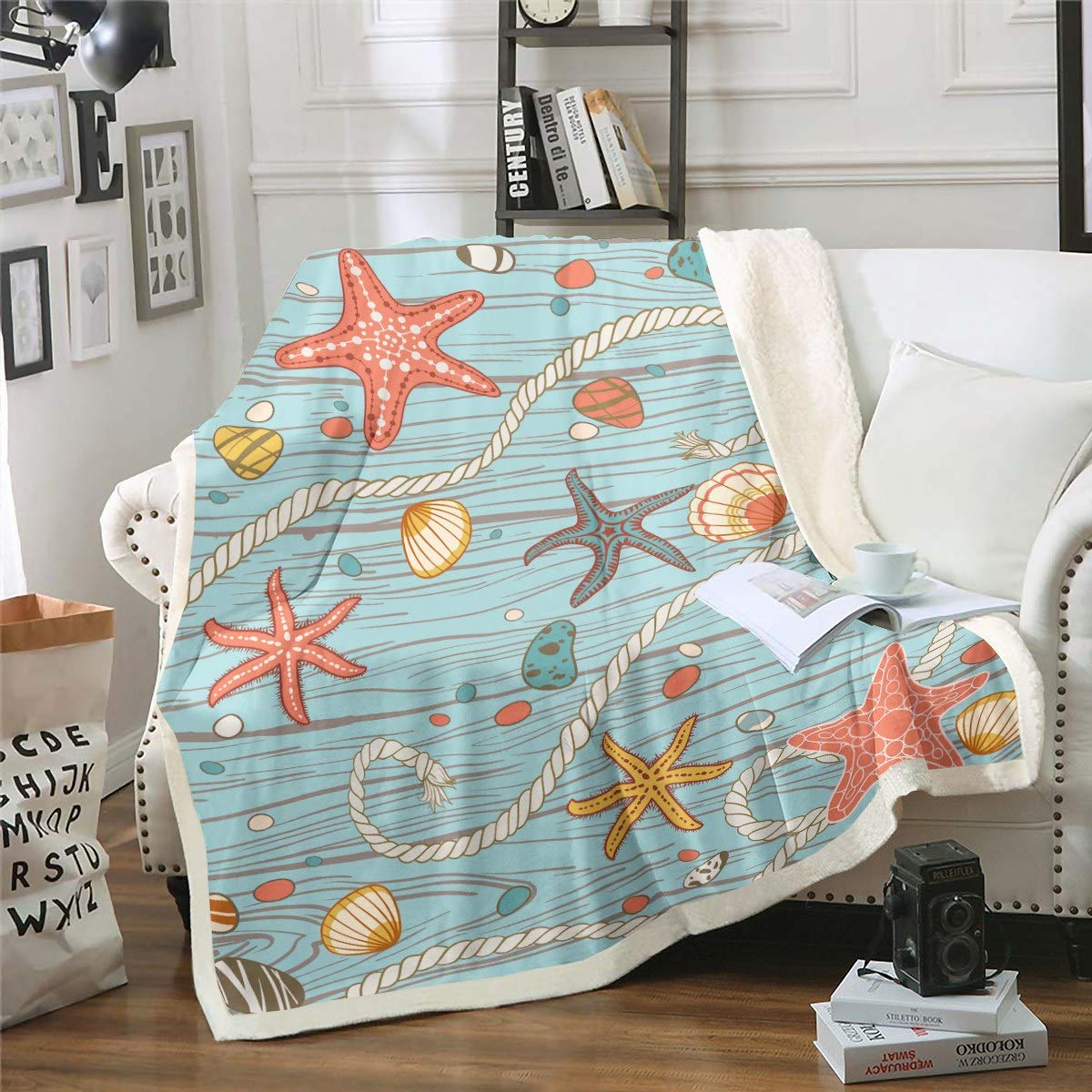 Loussiesd Multi 5 Starfish Sherpa Blanket Ocean Marine Themed Fleece Blanket Sea Creatures Throw Blanket For Couch Chair Sofa Nautical Sealife Warm Plush Blanket Ultra Soft Room Decor Baby 30"X40"