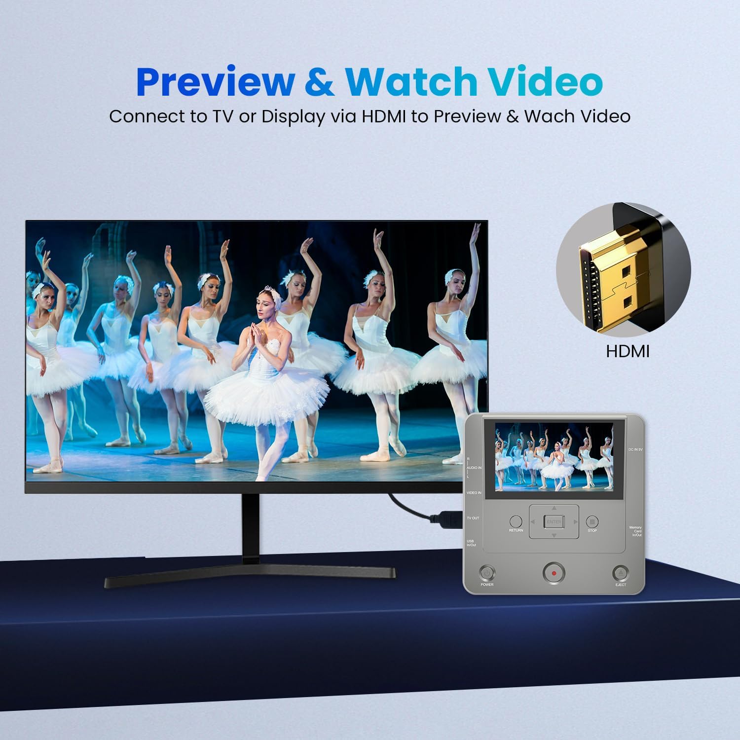 The KOHO KR043B connected to a television via HDMI for video preview.