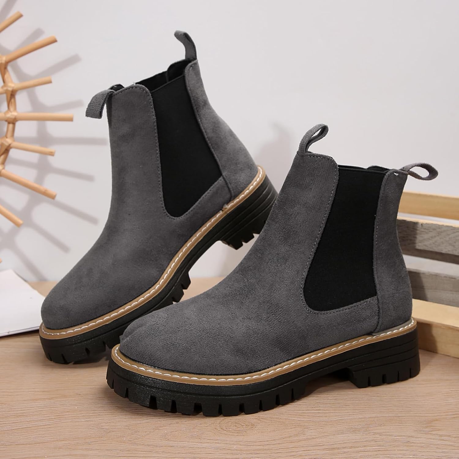Chunky Chelsea Boots For Women Suede Comfy Platform Elastic Slip On Low Wedge Block Heel For All Season Work Classic Style Ankle Boots