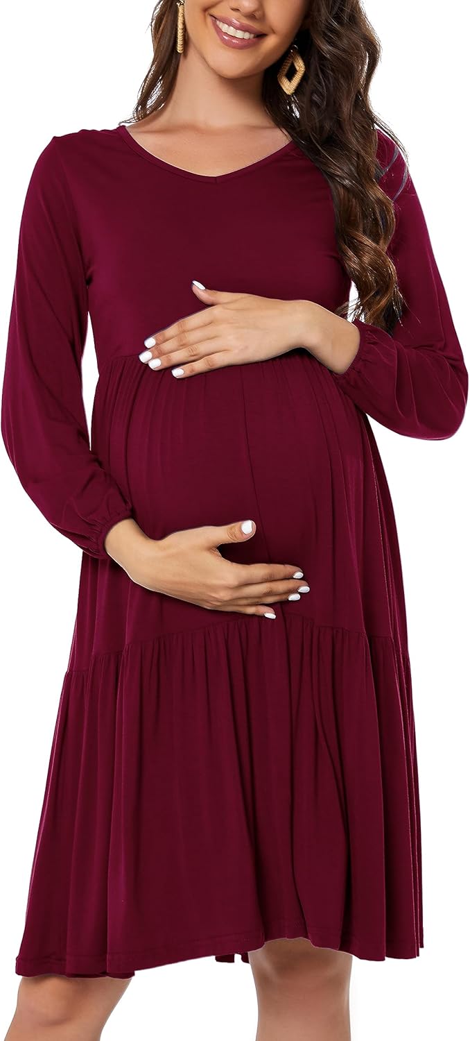 Smallshow Women's Maternity Dress Ruffle Long Sleeve Pregnancy Clothes - Image 2