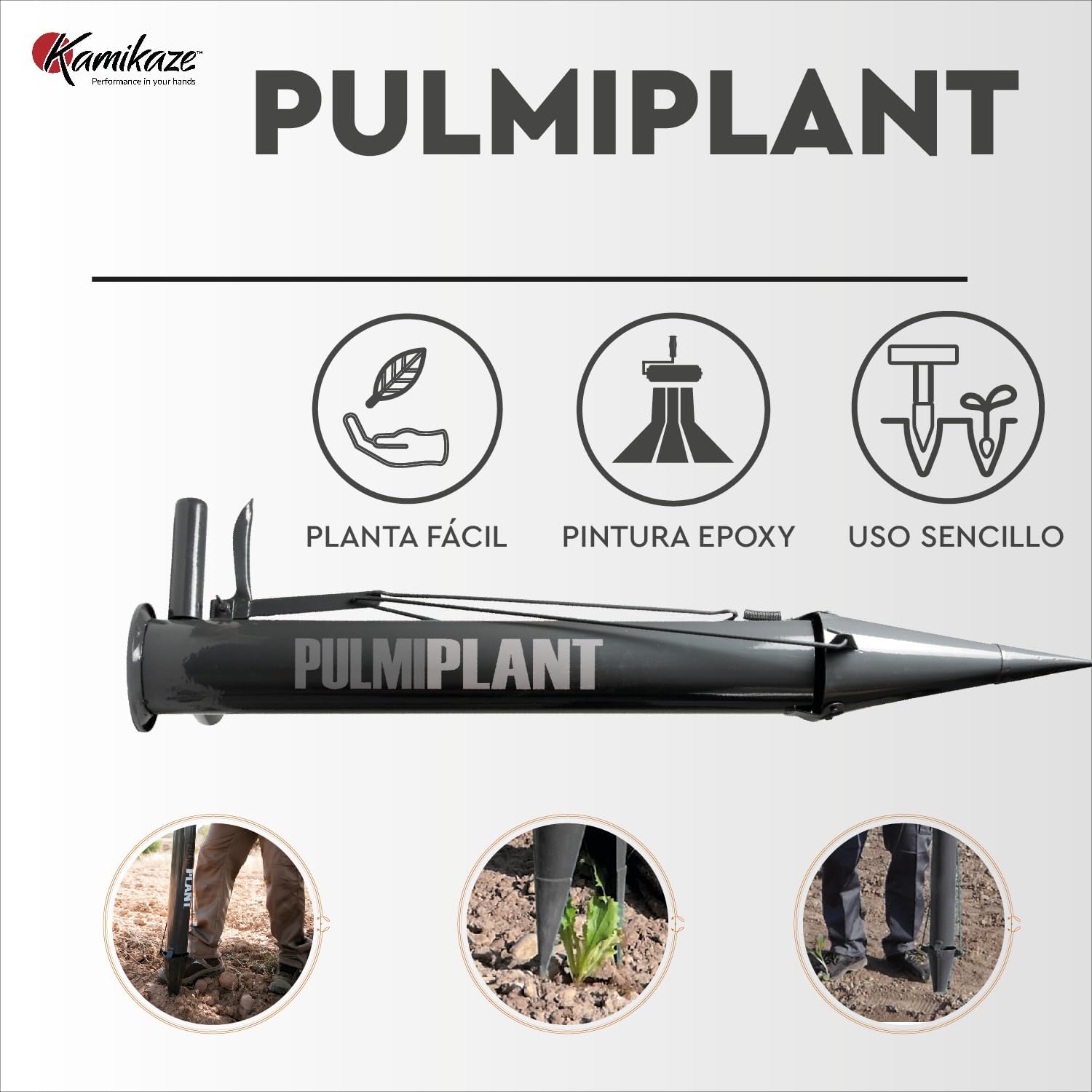 KAMIKAZE Kit Plantación Jardín: Plantadora Manual para Bulbos con Doble Asa y Liberación Automática + Pala de Mano Excavadora con Mango de Madera, Acero Resistente con Pintura Epoxy