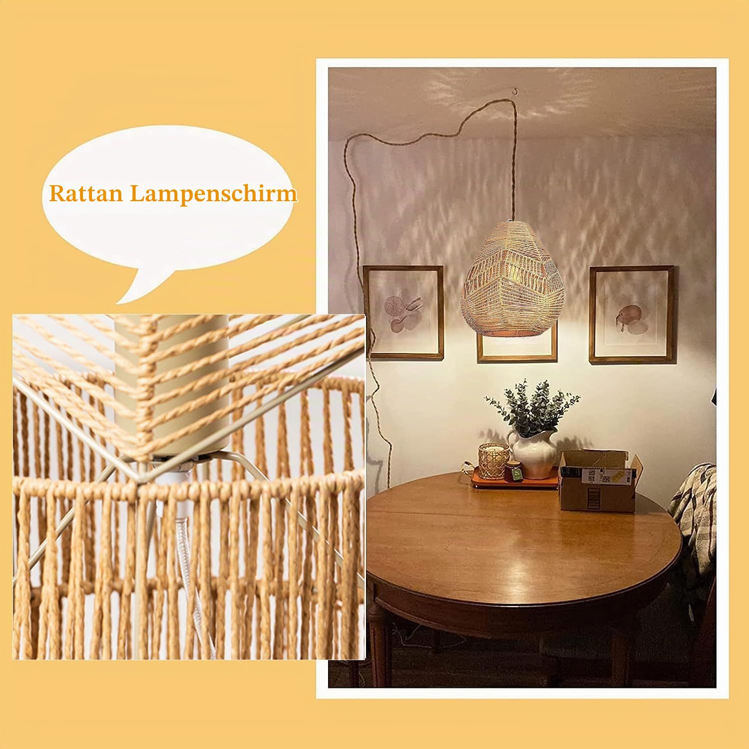Pendelleuchte Kit mit Stecker Vintage Dimmbar Hängelampe Boho Rattan Lampe Plug in Hängeleuchte mit 4,5 Meter Seil Kabel E27 Handgewebte Lampenschirm Deckenleuchte für Küche Schlafzimmer Wohnzimmer