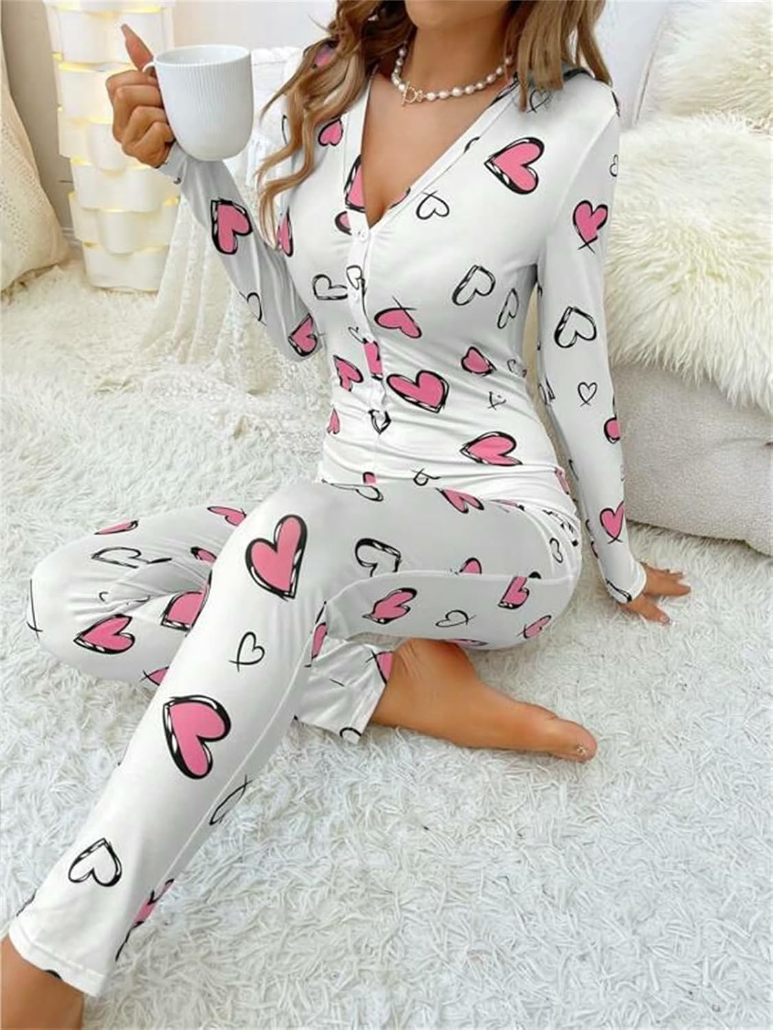Women Sexy Bodycon Onesie Pajama Heart Print Long Sleeve Button V Neck Jumpsuit One Piece Romper Valentines Sleepwear - Image 4