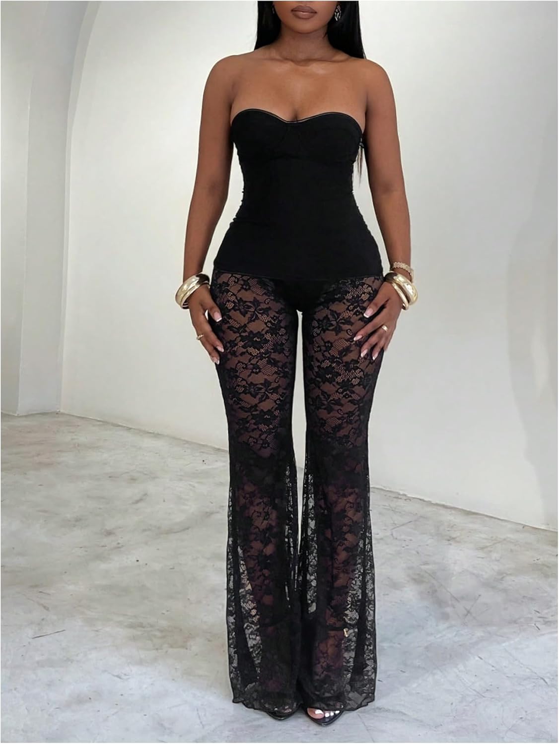 GORGLITTER Women's Floral Mesh Lace Pants Sexy Sheer See Through Rave Going Out Trousers Y2k Grunge Bell Bottoms - Image 5