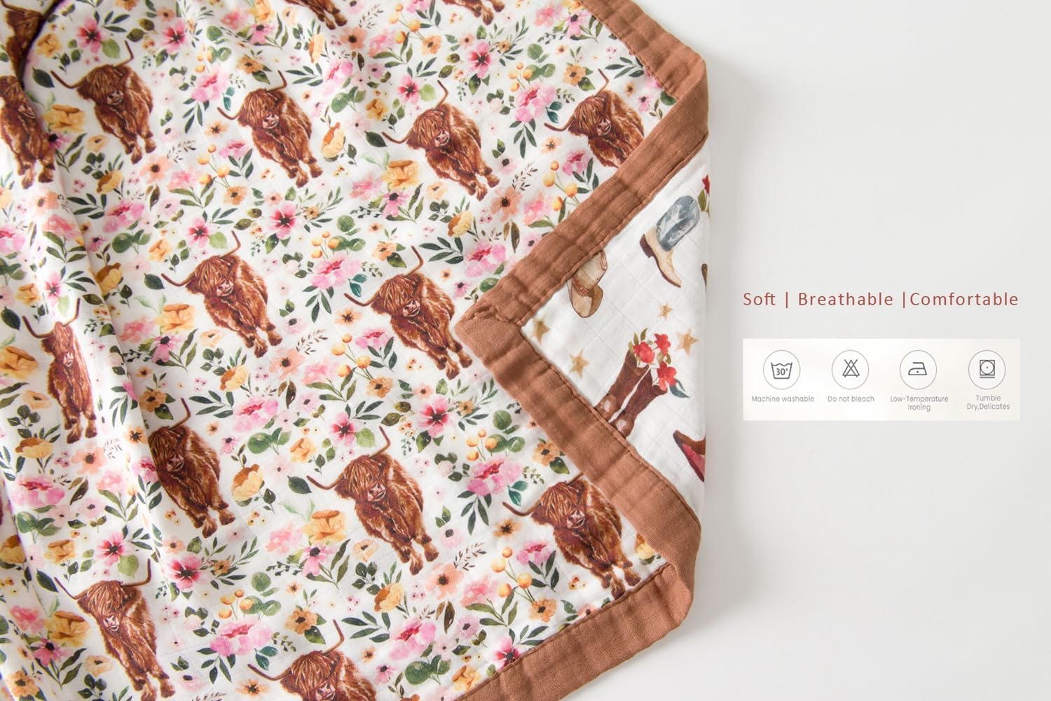 Little Jump Cowgirl Floral & Highlandcow Muslin Blanket Baby Quilt - Silky Soft and Breathable Crib Blanket for Daycare - Large 47" x 47" - 2 Layers Toddler Summer Blankets for Girls (Cow Girl)