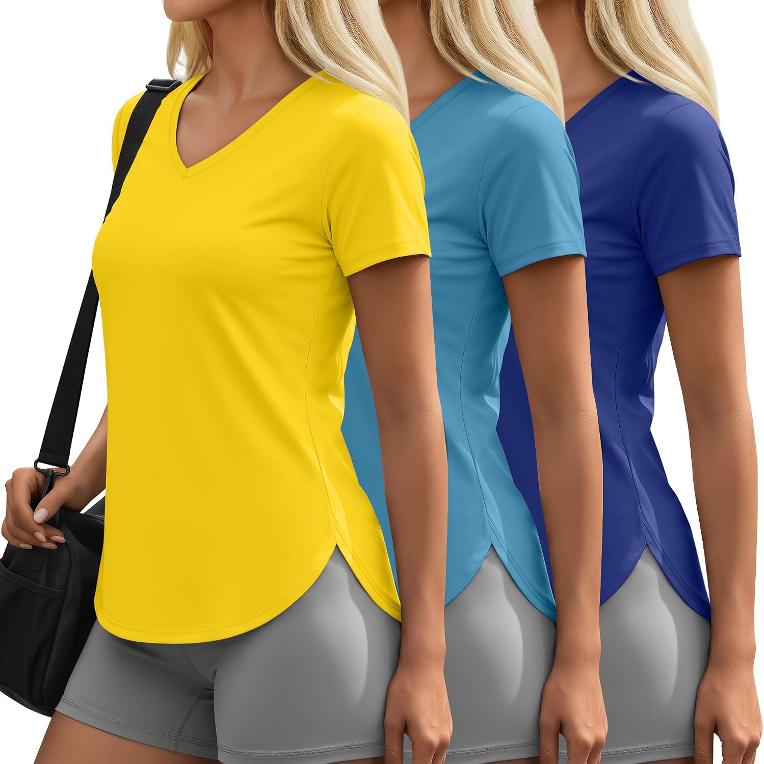 Locoowai 3 Pack Women's Workout Shirts Quick Dry Short Sleeve Lightweight Athletic Tops V Neck Side Slits Curved Hem Tees