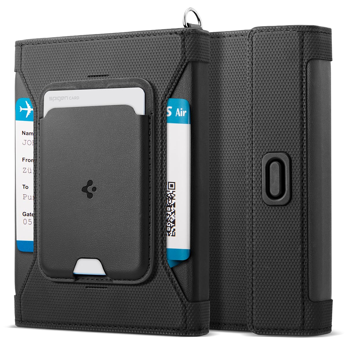 Spigen Life KD502 Porta Passaporto Magnetico con Tasca Portacarte Rimovibile MagSafe, Doppia Custodia per Passaporto con Protezione RFID, Slot per Scheda SIM e Moschettone - Nero