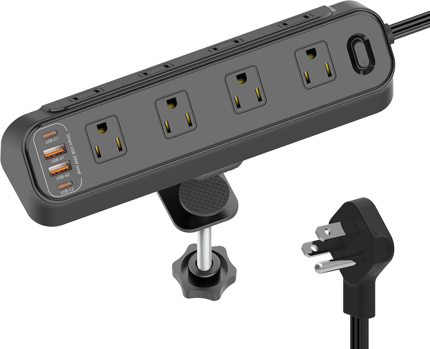 USB Charging Station with Clamp, Desktop Power Strip with 4 AC Outlets & 4 USB Ports (2 USB C PD 20W Fast Charge), Desk Mountable Surge Protector for Home Office Dorm, Space Saving with On/Off Switch