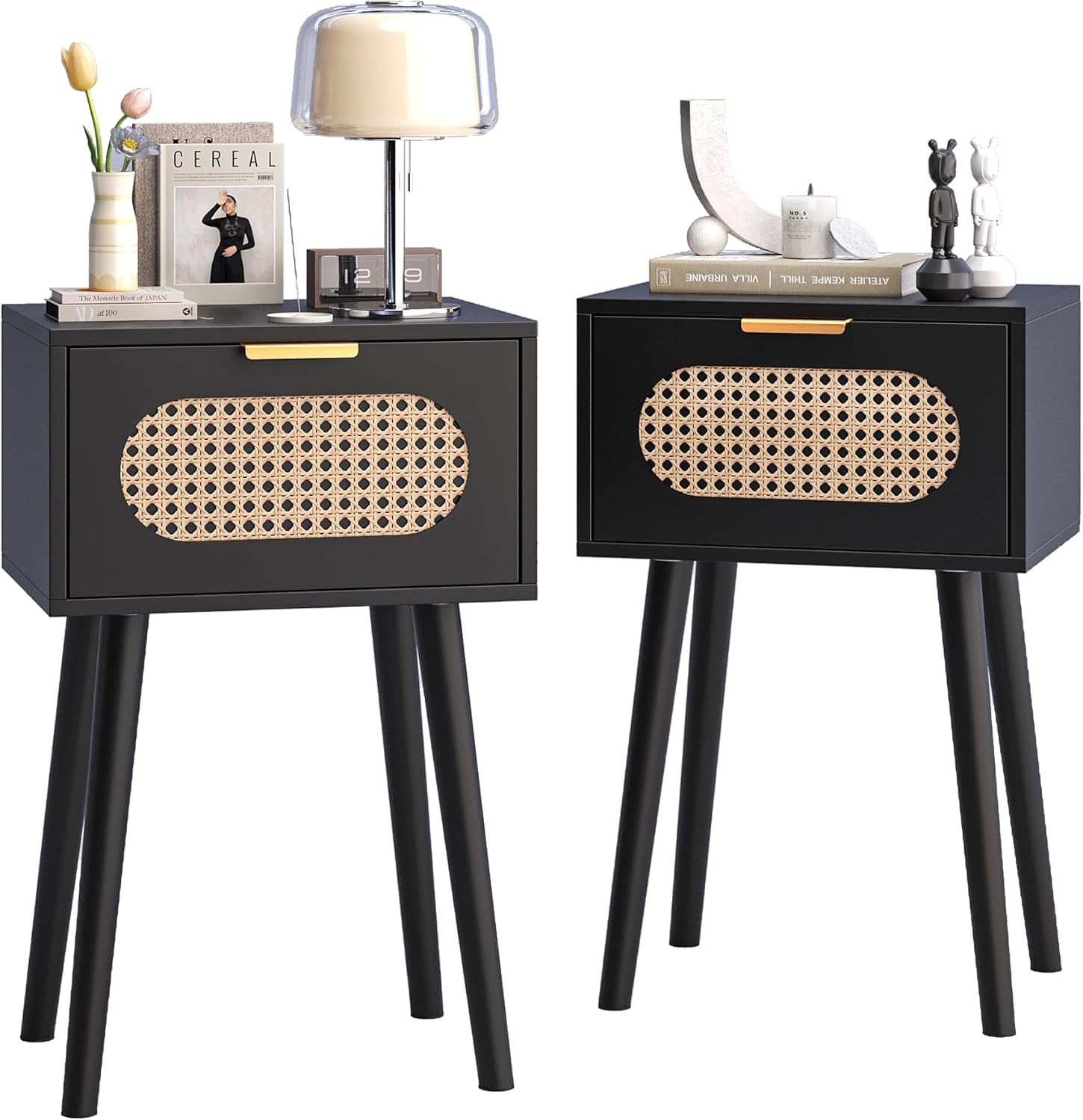 Nightstands Set of 2, Bedside Table with Rattan Door, Boho End Table with Solid Wood Legs for Bedroom, Living Room, Small Space Nightstands, Black Color, HNS001B