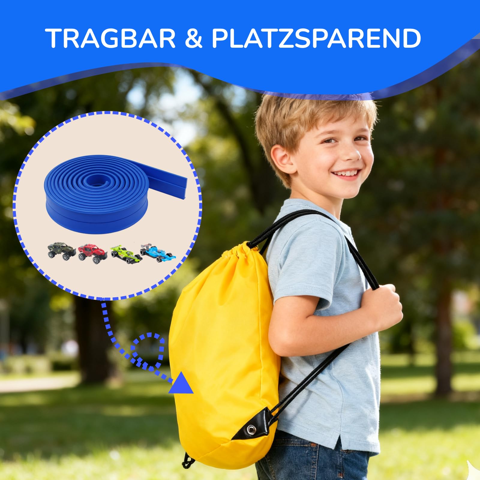 Autorennbahn Flexible Rennstrecke mit 4 Autos & Tragtasche – Soft Rennbahn Spielzeug für Kinder ab 3 4 5 6 Jahre, Rollt Auf Tragbare Autobahn Geschenk für Indoor/Outdoor, Blau