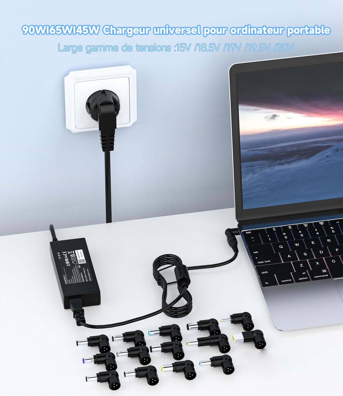 Chargeur Universel 90W pour Lenovo ASUS Dell HP Acer Toshiba Notebook Ultrabook Chromebook avec 15 Embouts