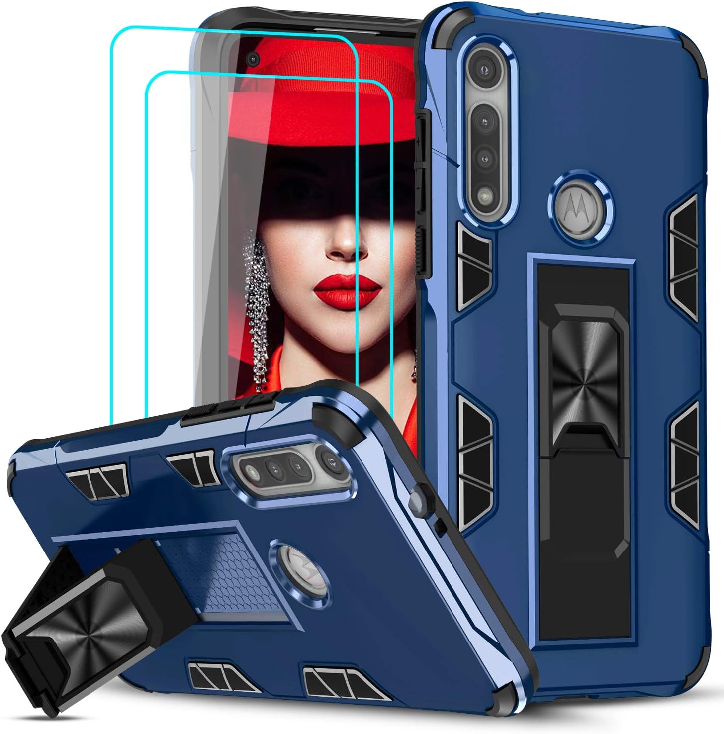 LeYi Compatible with Moto G Fast Case, Motorola G Fast with Tempered Glass Screen Protector [2Pack], Military-Grade Shockproof Built-in Kickstand Car Mount Phone Cover Case for Moto G Fast, Blue