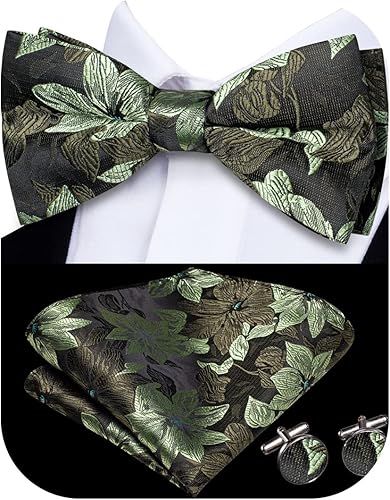 Hi-Tie Pajaritas preatadas para hombre, corbatines de seda y gemelos cuadrados de bolsillo, juego de gemelos para hombre, boda, fiesta, formal