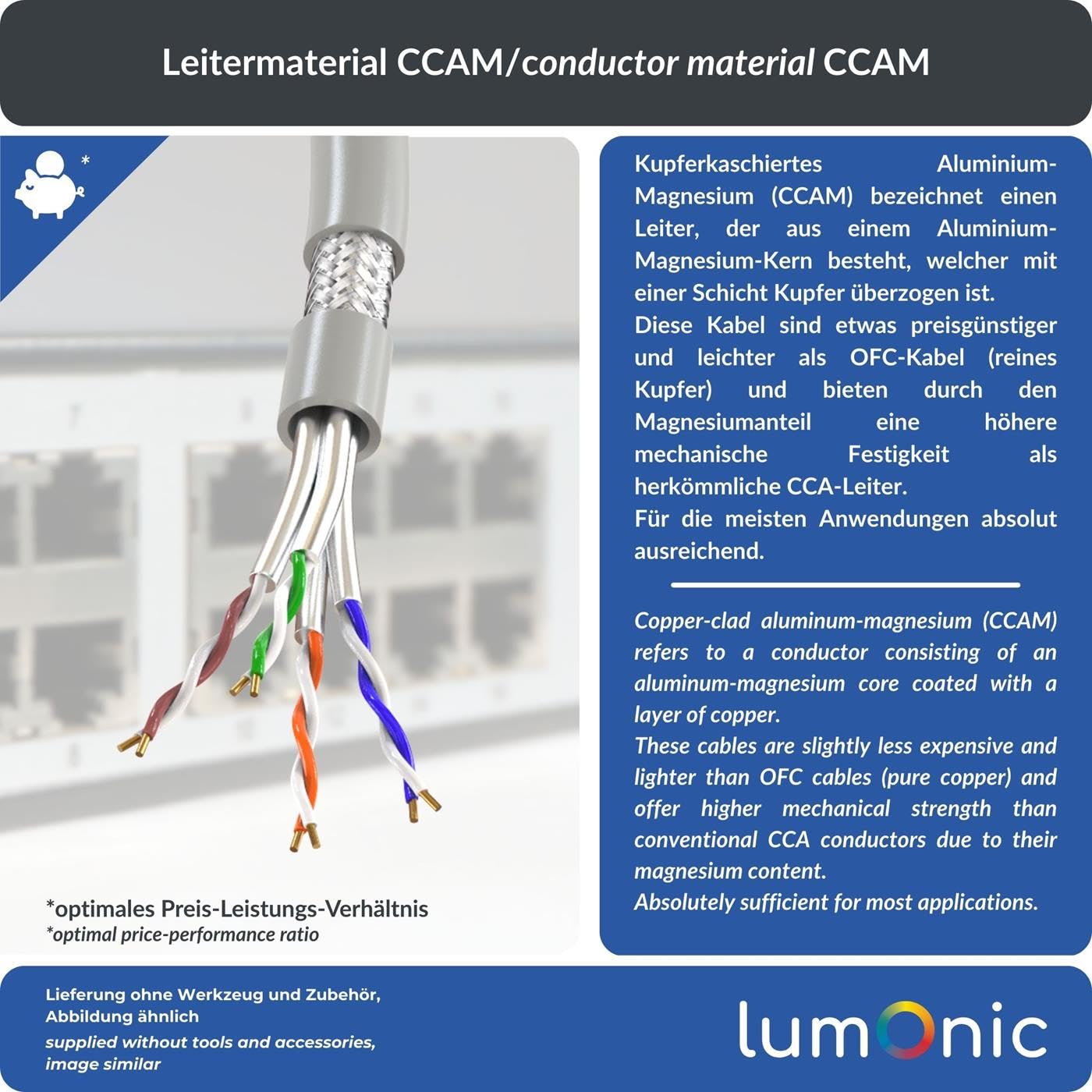 Lumonic LAN Câble de réseau 100m | LAN Câble CAT6 S/FTP | Câble Patch 4x 2x AWG26/7 (échoué) | 250MHz 10 Gbit/s Ethernet