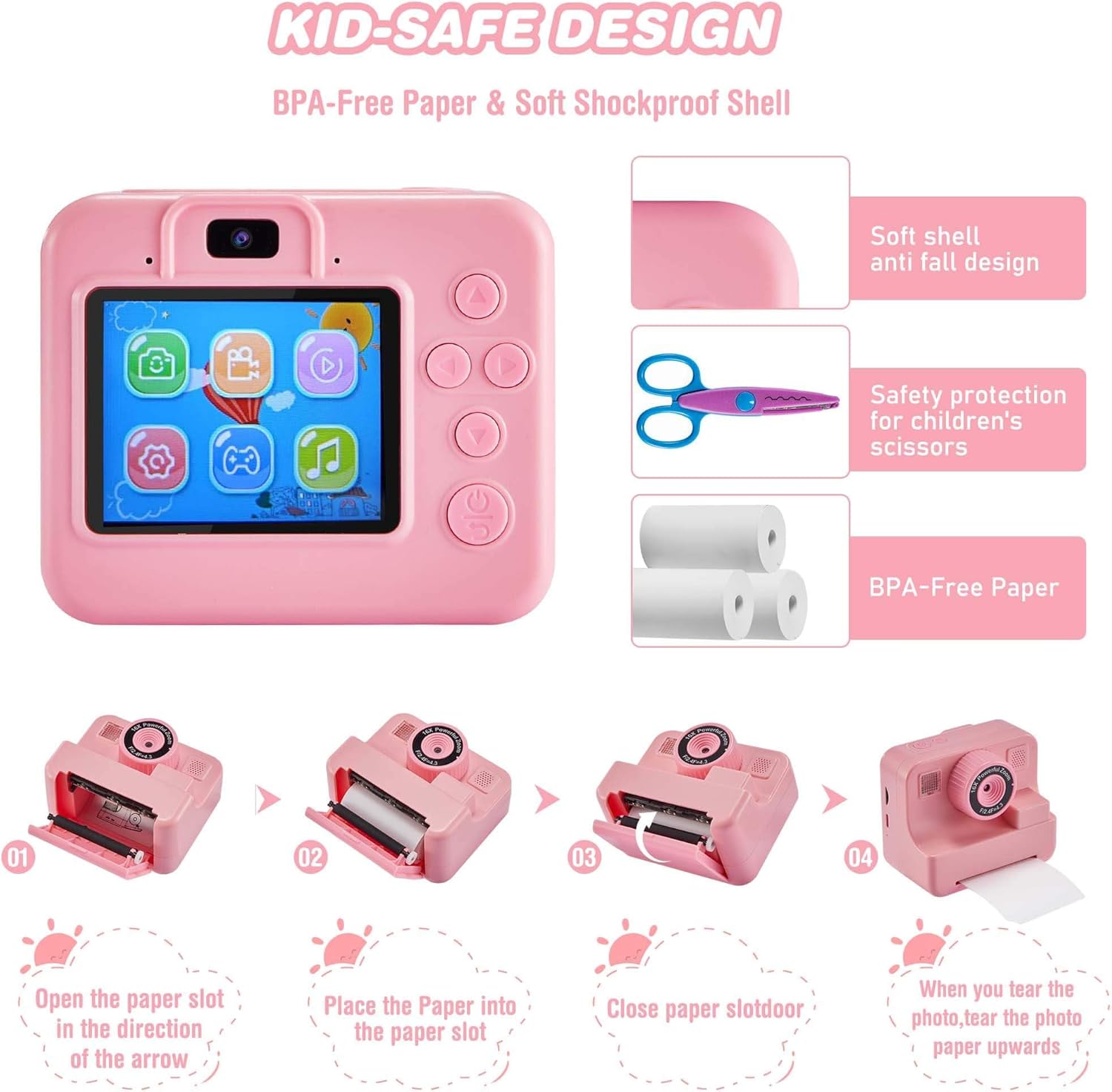 Kids Instant Print Camera, 1080P Selfie Video Camera with DIY Journal Kit – 200+ Accessories, Christmas & Birthday Gifts for Girls & Boys Ages 3-12 (Pink)