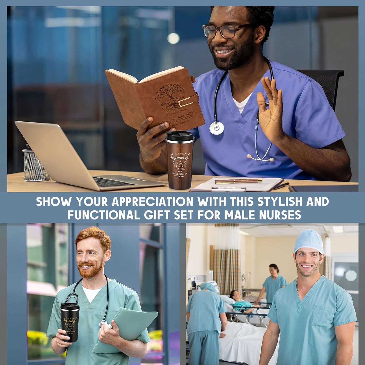 Pickmesh 12 Pcs Male Nurse Gifts Set 17 oz Coffee Tumbler A5 Leather Journal with Ballpoint Pen Nurse Appreciation Gift for Office Valentines Graduation Men Nursing CRNA Gifts (Mixed Color)